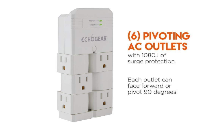 ECHOGEAR On-Wall Surge Protector with 6 Pivoting AC Outlets & 1080 Joules of Surge Protection