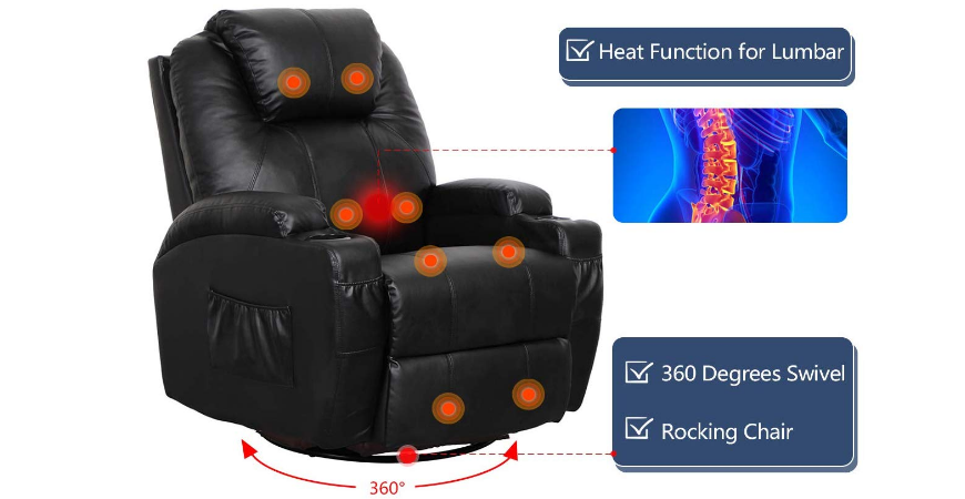 Esright Massage Recliner PU Leather Ergonomic Lounge Heated Chair 360 Degree Swivel Recliner